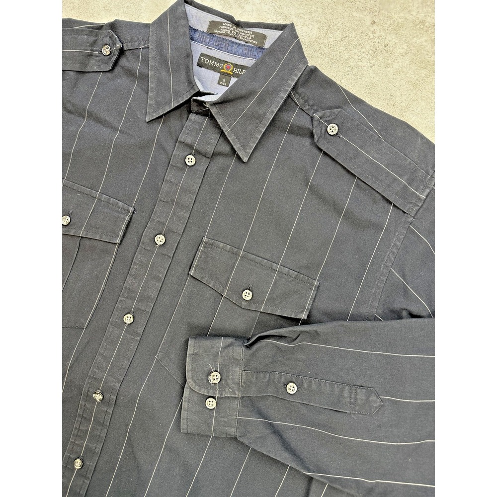 Tommy Hilfiger Shirt Mens Small Black Pinstripe Long Sleeve Button Up Western‎